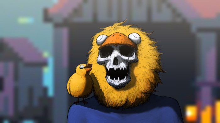 Skull wearing a duck costume with a chick