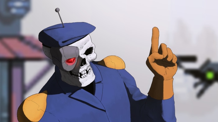 Skeleton with cybernetic eye and blue uniform