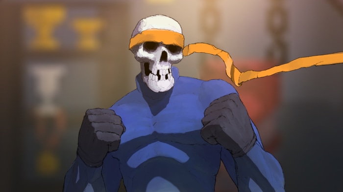Skeleton fighter with orange headband and blue suit