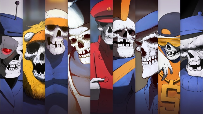 Multiple skeletons in various outfits