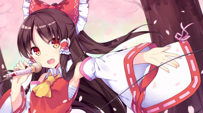 Reimu Hakurei from Touhou Project singing into a microphone