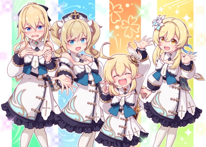 Jean, Barbara, Klee, and Lumine from Genshin Impact