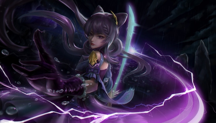 Keqing from Genshin Impact with purple energy