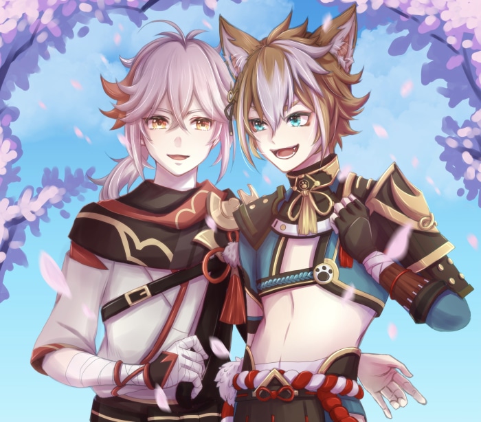 Kaedehara Kazuha and Gorou from Genshin Impact