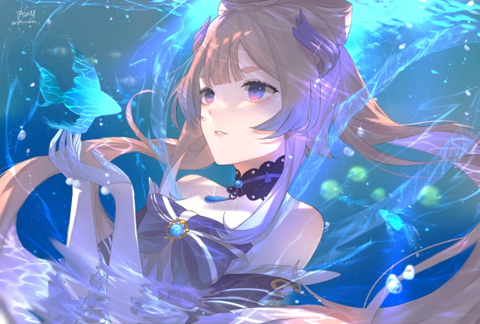 A stunning 4k wallpaper featuring sangonomya kokomi and her water elemental  magic