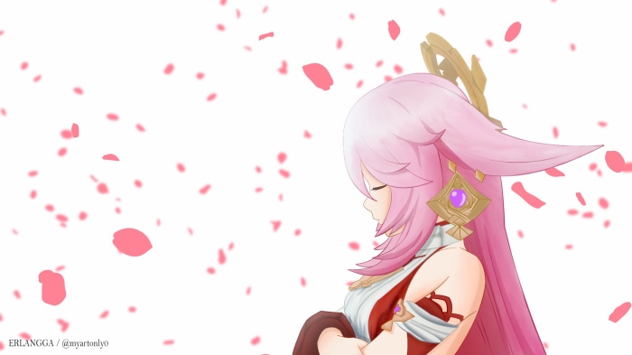 Yae Miko from Genshin Impact with falling petals