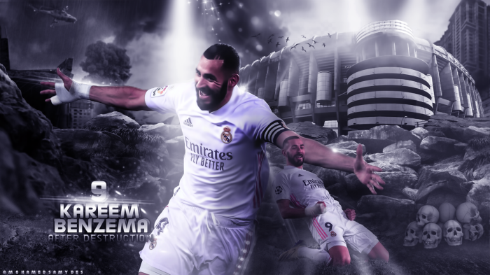 Karim Benzema celebrating in front of stadium