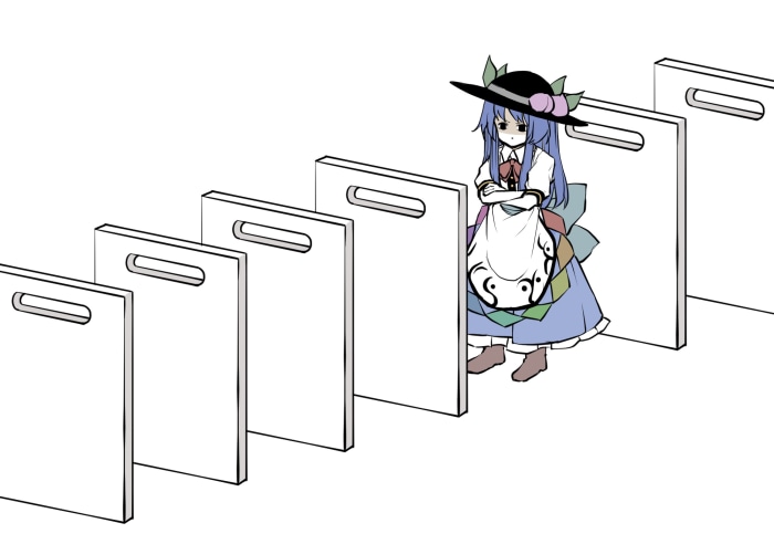 Tenshi Hinanawi from Touhou standing behind white boards