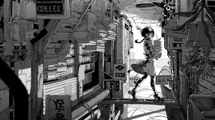 Girl in Cyberpunk City with Books