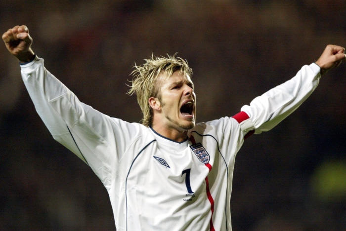 David Beckham celebrating a goal for England