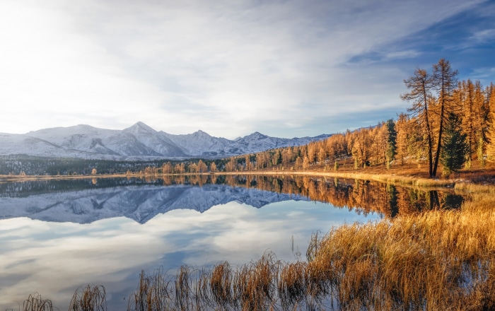 Lake with Mountains and Autumn Trees