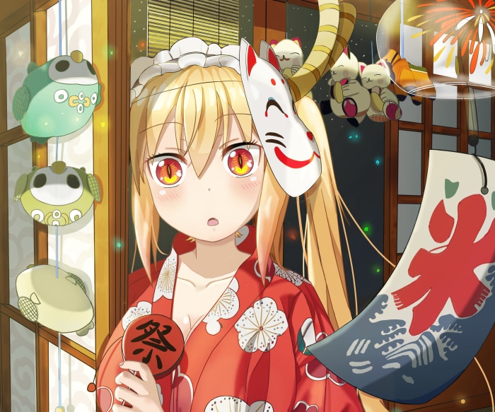 Tohru from Miss Kobayashi's Dragon Maid wearing a Kitsune mask