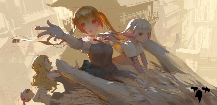 3 girls on a wooden structure