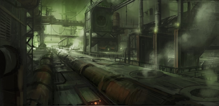 Industrial factory with pipes and smoke