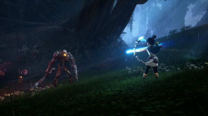 Kena from Kena: Bridge of Spirits aiming bow at monster