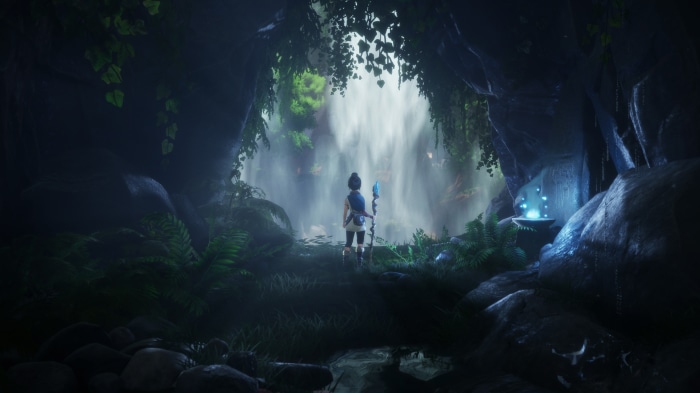 Kena from Kena: Bridge of Spirits in a cave with waterfall