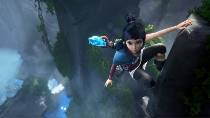 Kena from Kena: Bridge of Spirits climbing a cliff