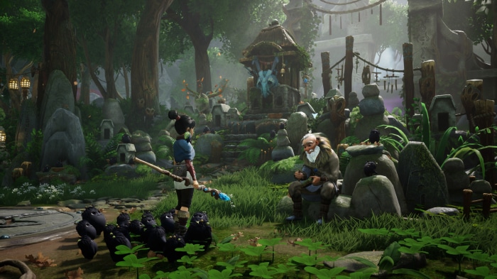 Kena and Rot from Kena: Bridge of Spirits in a forest