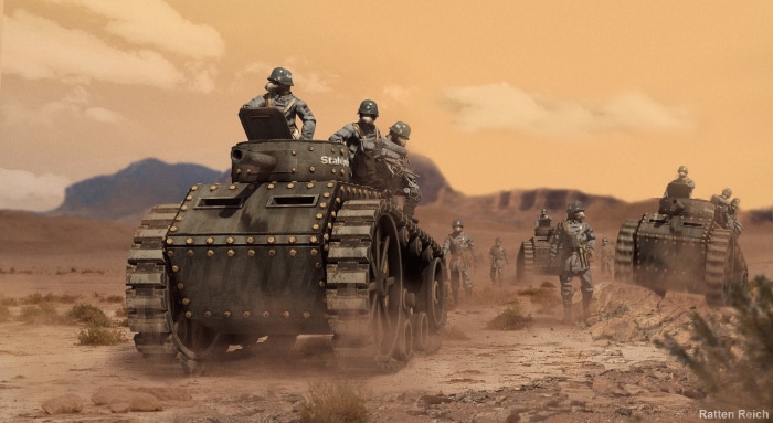 Ratten Reich tanks and soldiers in desert