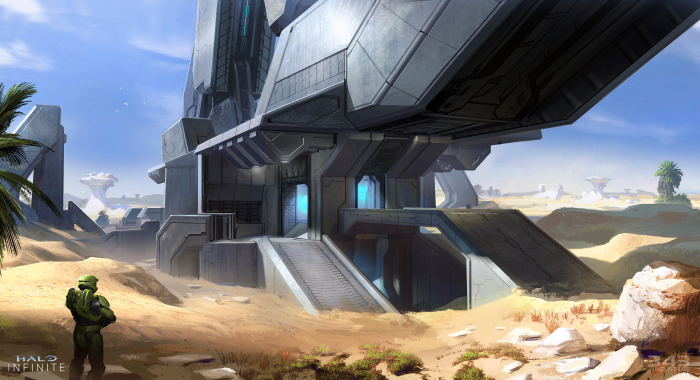 Master Chief from Halo Infinite in a desert landscape