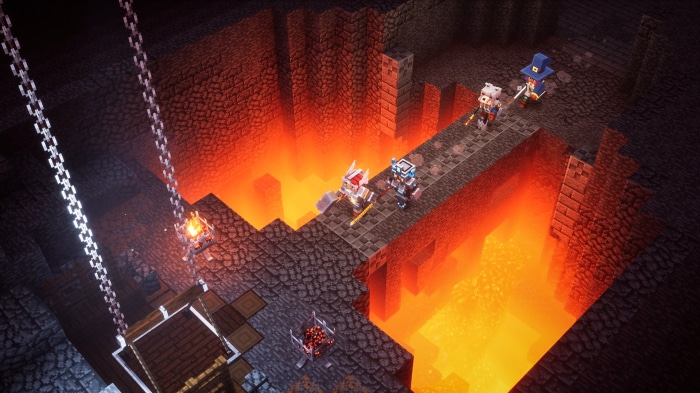 Characters in Minecraft Dungeons near lava