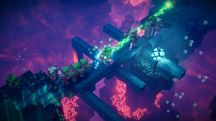 Minecraft Dungeons: Player fighting zombies with lightning