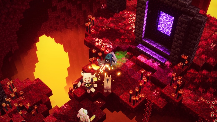 Minecraft Dungeons characters fight near a Nether portal