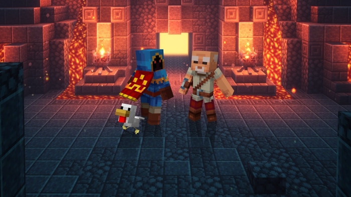 Characters from Minecraft: Dungeons in a lava-filled dungeon