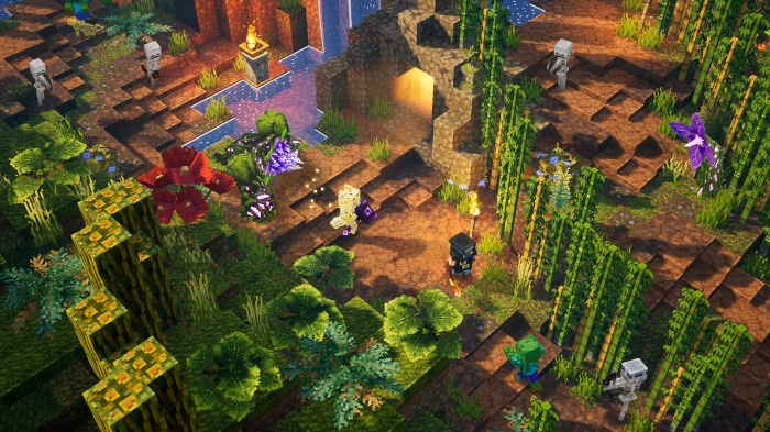 Minecraft Dungeons characters in a jungle environment