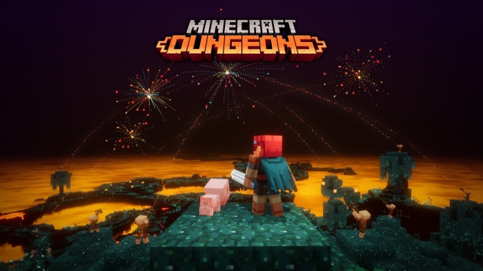 Minecraft Dungeons character with pig and fireworks