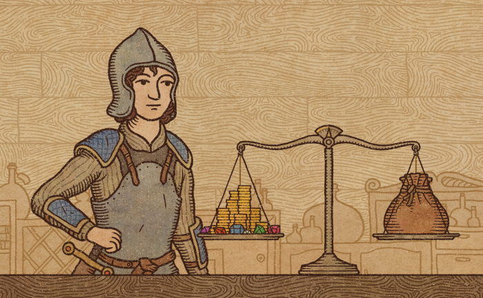 Alchemist weighing gold and gems on a scale