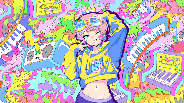 Girl with colorful music-themed background 4K