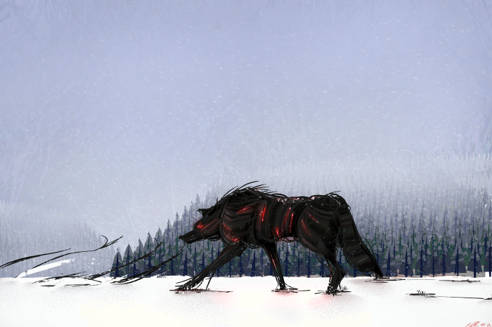 Mechanical Wolf in a Snowy Forest