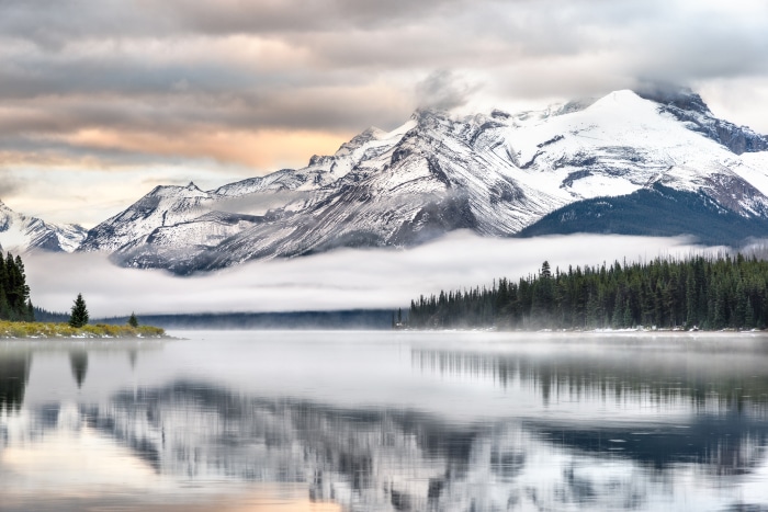 Maligne Lake and Snowy Mountains in Jasper National