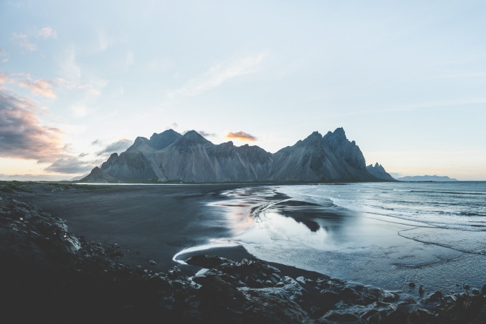 Vestrahorn Mountain on a black sand beach