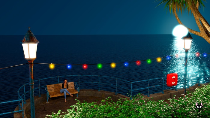 Woman sitting on a bench by the sea at night