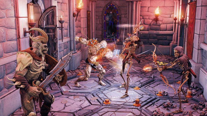 Gloomhaven characters fighting skeletons in a dungeon