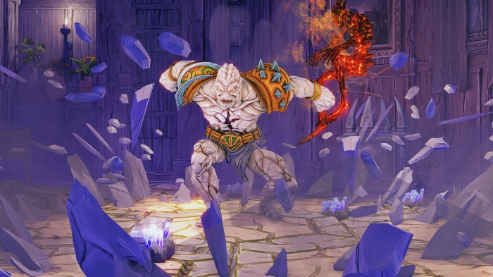 Gloomhaven: A large white creature fights a fiery demon