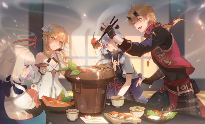 Genshin Impact 4K: Lumine, Paimon, Ayaka, and Thoma eating hot pot