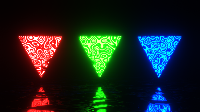 Three glowing triangles with abstract patterns in RGB colors