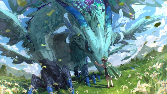 Venti and Dvalin from Genshin Impact in a field