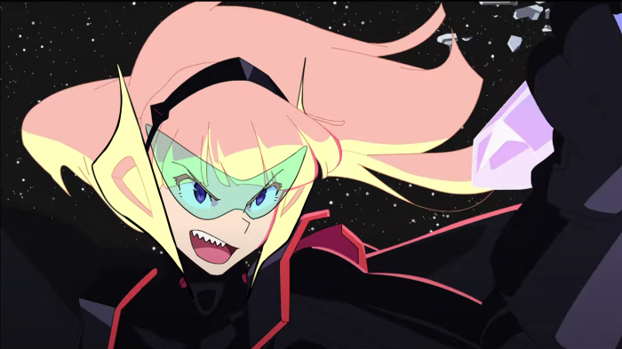 Girl in black and red suit with pink hair in space