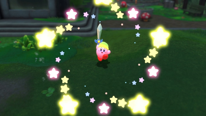 Kirby from Kirby and the Forgotten Land with sword