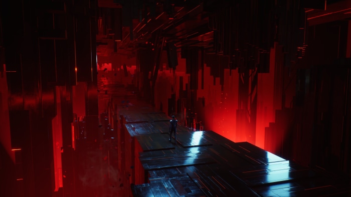 A lone figure walks through a dark, futuristic city with red lighting