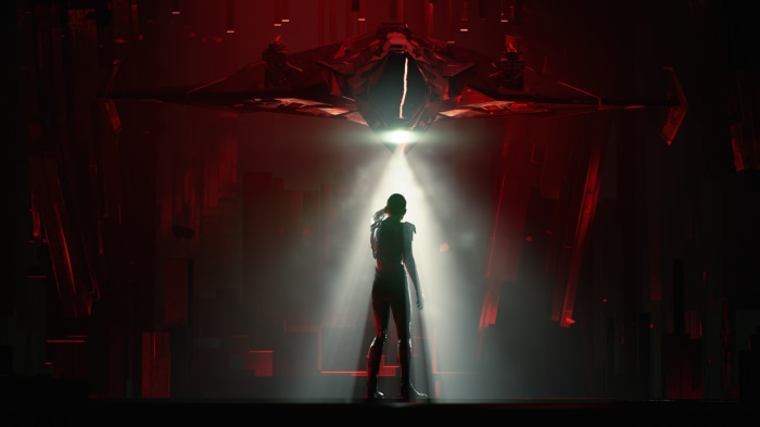 Woman standing in front of a spaceship
