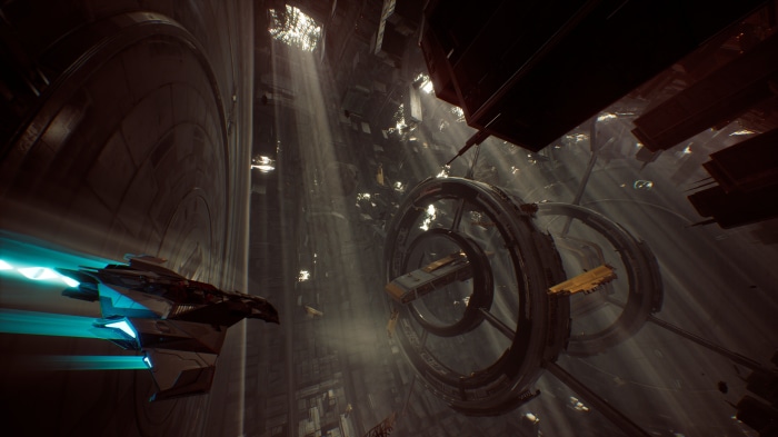 Spaceship flying through a derelict space station