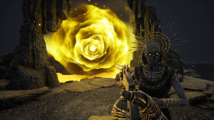 Undead figure with a gun in front of a yellow portal