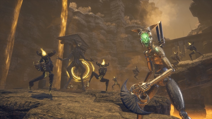 Robotic figures and creatures in a rocky, fiery landscape