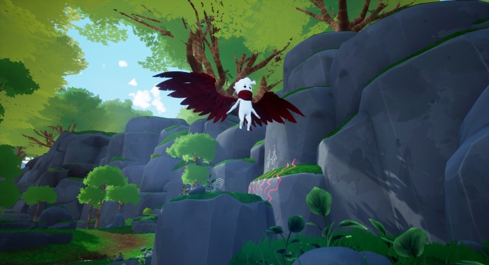 White creature with red wings and scarf flying