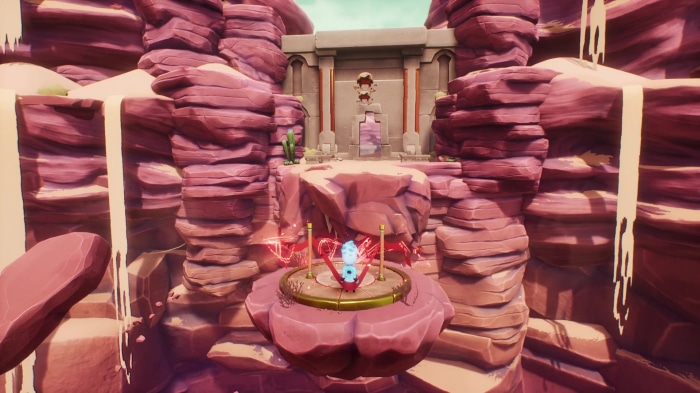 A character with a blue scarf in a desert canyon